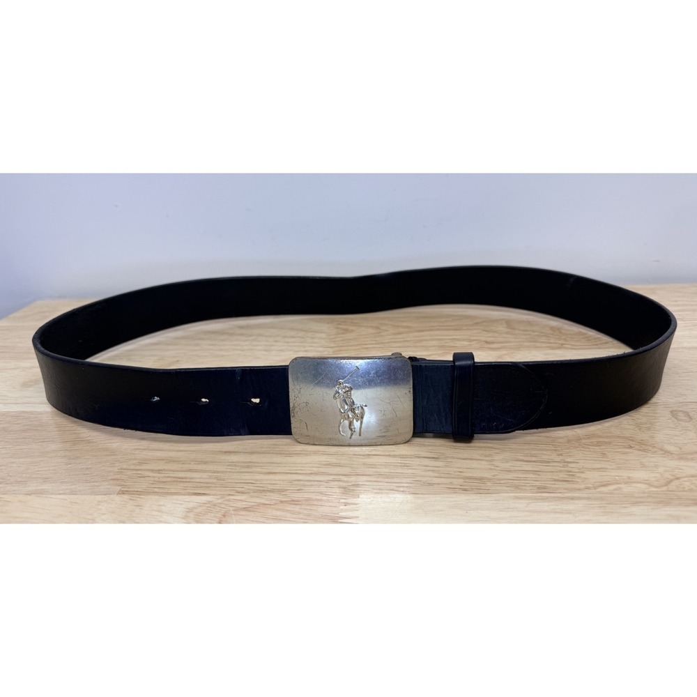 POLO by RALPH LAUREN Buckle Belt Size 36 Black leather PONY metal chrome. # 14